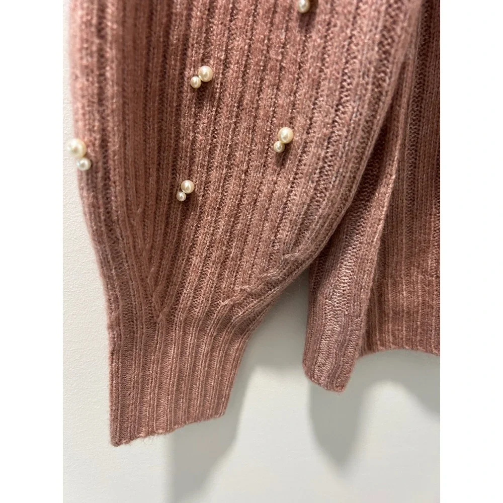 NWT Liz Claiborne Women Pearl Embellished Puff Sleeve Ribbed Knit Sweater Pink L